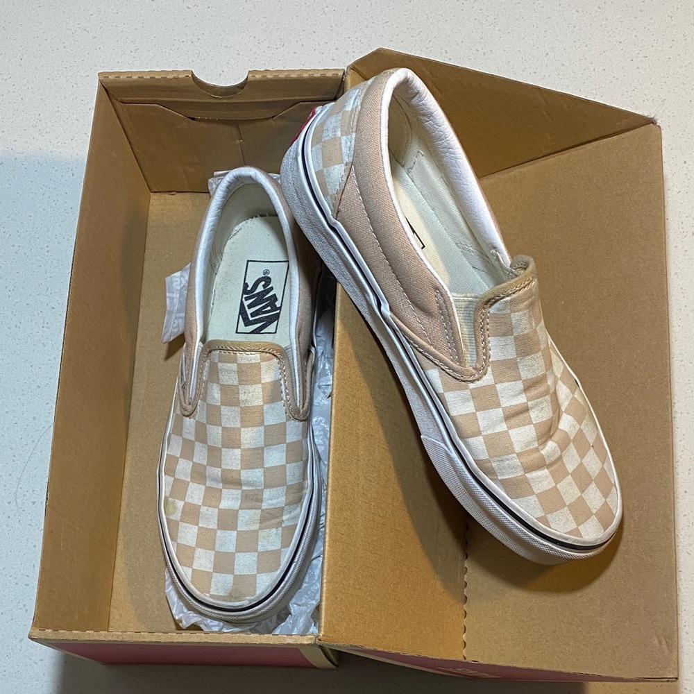 Vans Beige and White Checkered Slip-Ons